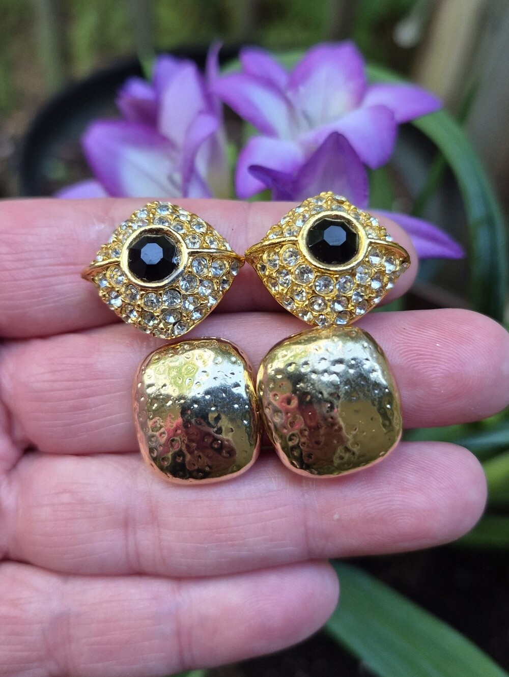 Vintage Gold Tone Clip-On Rhinestone Earrings Lot Of 2 Pairs .75" Made In USA
